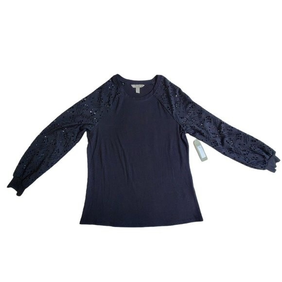 Nine.Eight Black Mixed Media Top with Banded Cuffs and Hem - Size Small - Picture 1 of 15